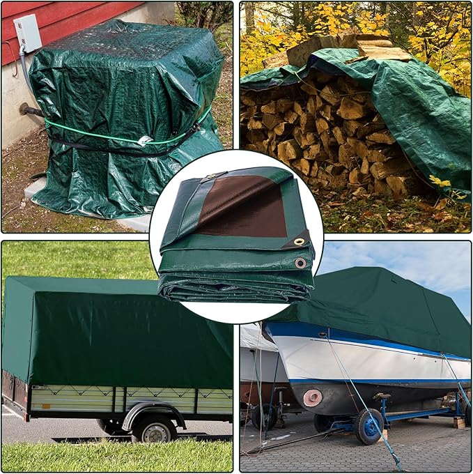 Tarp 10x12 Feet 16 Mil Heavy Duty Waterproof Tarp, Large Multipurpose Cover with Brass Grommets and Reinforced Edges, UV Resistant Thick Poly Tarps for Outdoor Camping Tent Pool Car, Green
