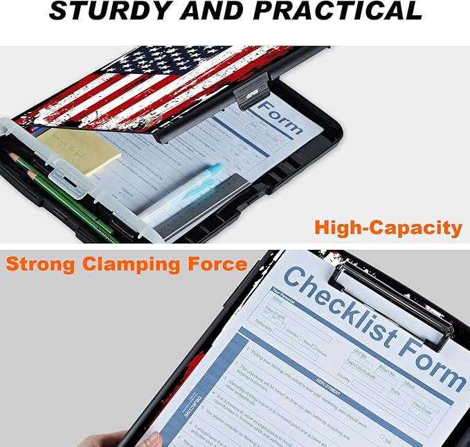 Side Opening Clipboard with Storage and Pen Holder, Heavy Duty Contractor Clip Board with Large Capacity, Personalized Teachers Nurses Large Clipboards, American Flag
