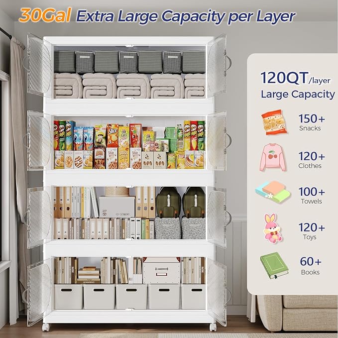360QT Plastic Stackable Storage Bins with Lid, 90GAL Extra Large Collapsible Box with Wheels Clear Door, Foldable Closet Organizer Container Cabinet Drawer for Home Kitchen，3Pack, White
