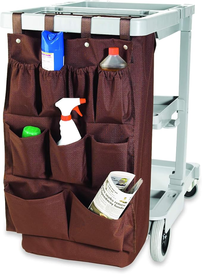 – Sturdy Metal & Polyester Housekeeping Cart Organizer, Storage for Cleaning & Janitorial Supplies, Cart Bin & Accessories for Hotel, Dorms, Offices, Rooms - (9 Pocket Brown)
