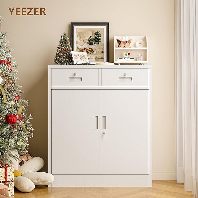 Metal Storage Cabinet, 36 Inch Tall Metal Storage Cabinet with Doors and Shelves, Pantry Cabinets with Drawer for Kitchen Storage, Garage Cabinet for Living, Dining Room, Assemble Required.