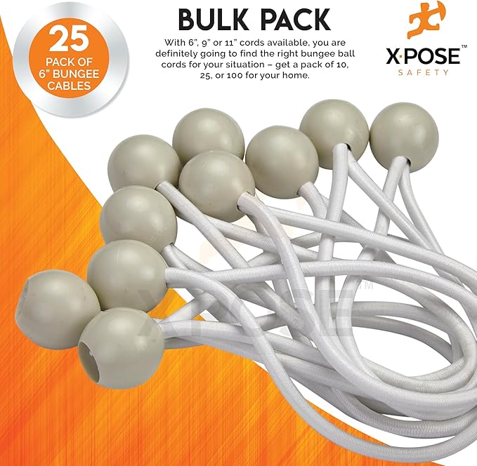Xpose Safety Bungee Ball Cords 6" 25 Pack Heavy Duty White Stretch Rope with Ball Ties for Canopies, Tarps, Walls, Cable Organization