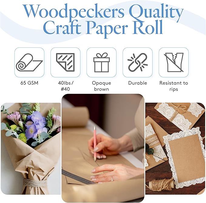 Woodpeckers Brown Kraft Paper Roll 48 inch Wide, 1200 inch Long, 1 Roll, Jumbo Roll for Eco Friendly Christmas Gift Wrapping Paper and Packing Paper