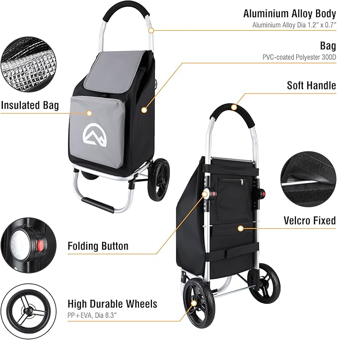 Olympia Tools Aluminum Foldable Utility Shopping Cart for Groceries with Big Wheels and Removable Bag, Collapsible Personal Folding Cart