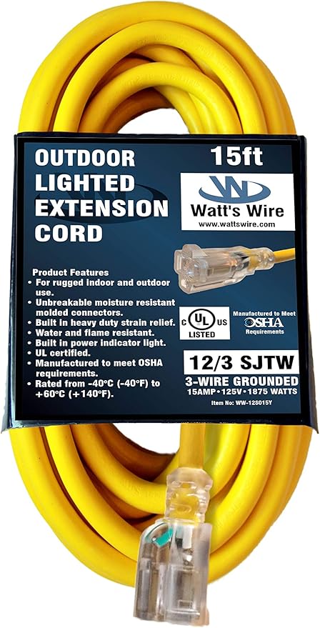 15 ft Outdoor Extension Cord Waterproof - 12 Gauge Heavy Duty Extension Cord 15 ft - Lighted Outdoor Extension Cords - Watts Wire - 15' Grounded - extensiones electricas