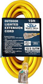 15 ft Outdoor Extension Cord Waterproof - 12 Gauge Heavy Duty Extension Cord 15 ft - Lighted Outdoor Extension Cords - Watts Wire - 15' Grounded - extensiones electricas