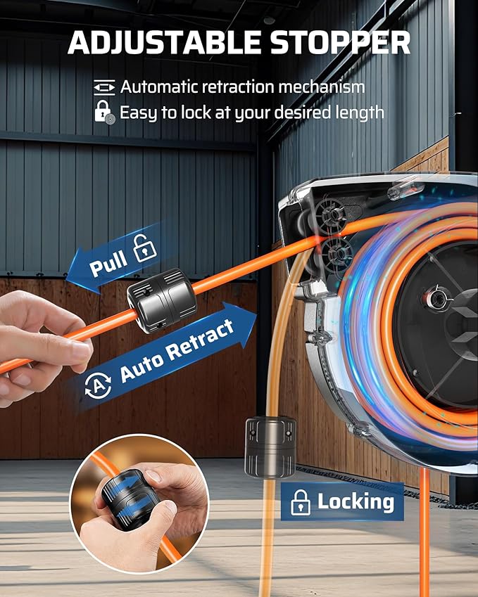 DEWENWILS Extension Cord Reel with Twist-lock Stopper, Power Retractable Cord Reel, Lightweight and Portable, Brighter Triple Tap Outlet, for Home Maintenance, Garages, Workshops, Orange