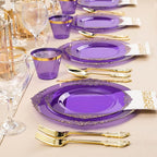 700PCS Clear Purple Plastic Plates for 100 Guests, Disposable Plate with Gold Trim include 100 Dinner plates, 100 Dessert Plates, 100 Gold Silverware, Cups and Napkins for Party, Graduation