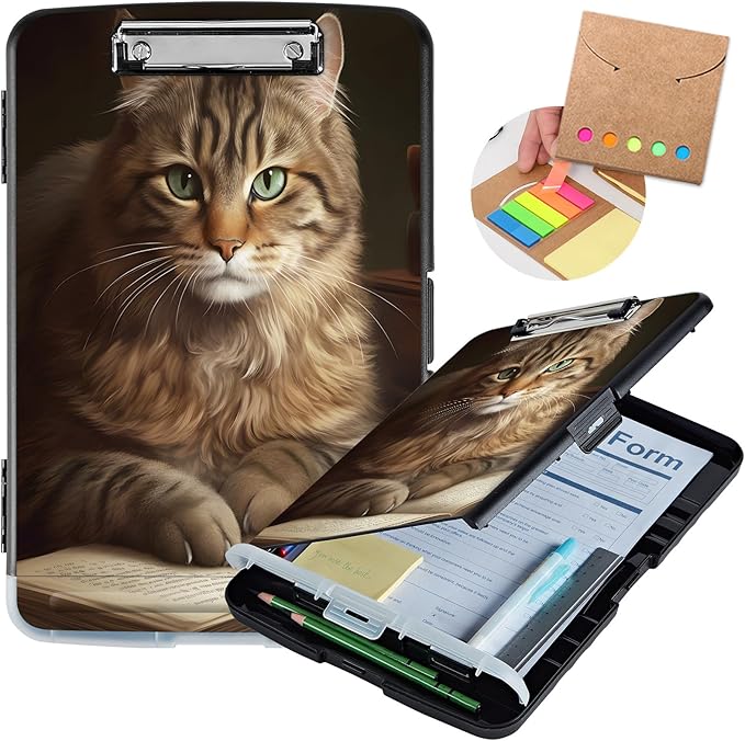 Clipboard with Storage,Storage Clipboard with Pen Holder,Heavy Duty Plastic Storage Clipboard with Low Profile Clip, Clipboard Folder, Teacher Must Haves, Office Supplies,Brown Cat and Books