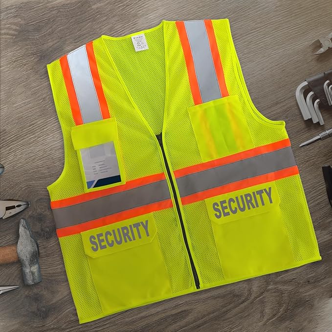 Security Vest for Men Women, High Visibility Vest with Pockets & Zipper, Neon Work Wear with Reflective Strips, ANSI Compliant, Yellow, 2XL