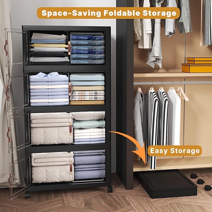 960Qt Stackable Storage Bins with Lids, 8 Pack Large Collapsible Bins with Wheels, Plastic Cabinet with Doors, Foldable Closet Organizers and Storage for Home, Dorm, Office, Black