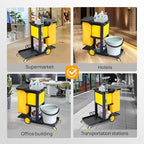 TUFFIOM Janitorial Cart with Key-Locking Cabinet, 3-Shelf Commercial Cleaning Cart, Housekeeping Caddy with Locker,Wheeled with Yellow Vinyl Bag, Black, Great for Hotel, Stores, Schools, and Business
