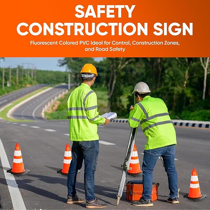 Pyle 18" PVC Traffic Cones, 6-Pack Safety Cones for Parking, Construction, Roadwork, & Sports Training, High-Visibility Orange, Durable, Stackable Design, Heavy-Duty Base for Stability in All Weather