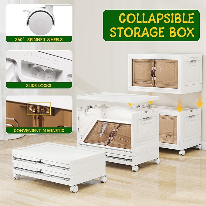 Storage Bins with Lids and Wheels, 199QT-99.5QT*2Tier Collapsible Bathroom Storage Cabinet with Clear Doors, Plastic Stackable Closet Organizers and Containers White