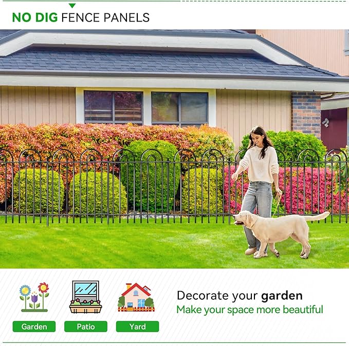 10 Panels Garden Tube Fence with Gate, 42in(H)×21.6ft(L) Tall No Dig Fence Animal Barrier, Heavy Duty Metal Decorative Garden Edging Border, Ground Defense Temporary Fencing for Outdoor Yard, Black