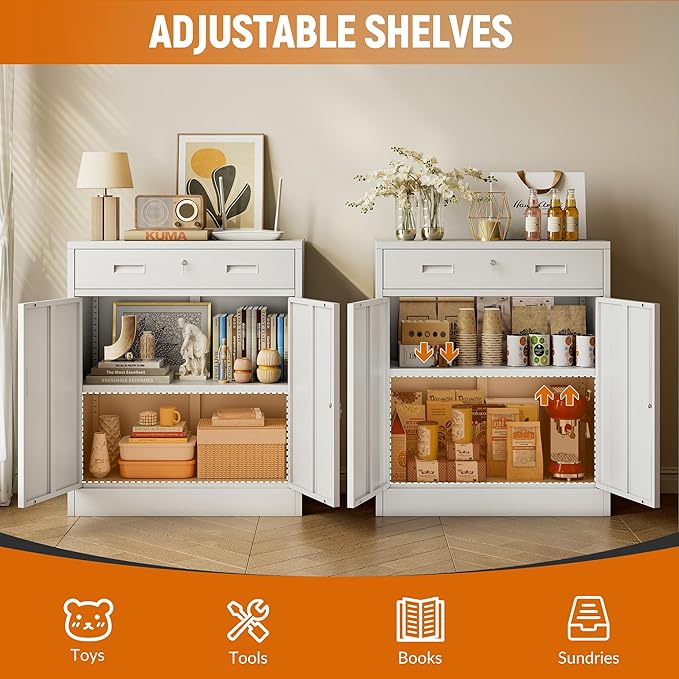 BESFUR Metal Storage Cabinet with Lockable Drawer and 2 Lockable Doors, 36"H White Metal Cabinet with Adjustable Shelf, Locking Storage Cabinet for Home Office, Garage,School, Warehouse, Utility Room