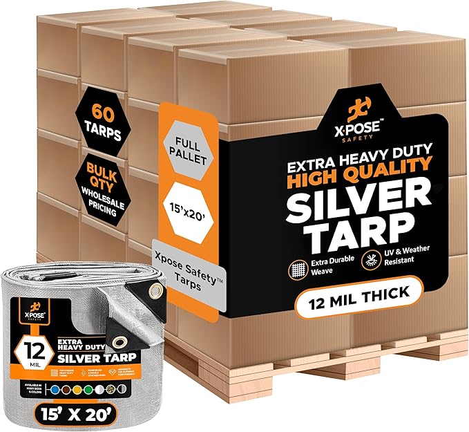Heavy Duty Silver Poly Tarp 15' X 20' - Bulk Half Pallet (60 Pack) - Multipurpose Protective Cover - Durable, Weather Proof & Tear Resistant - 12 Mil Thick Polyethylene - by Xpose Safety