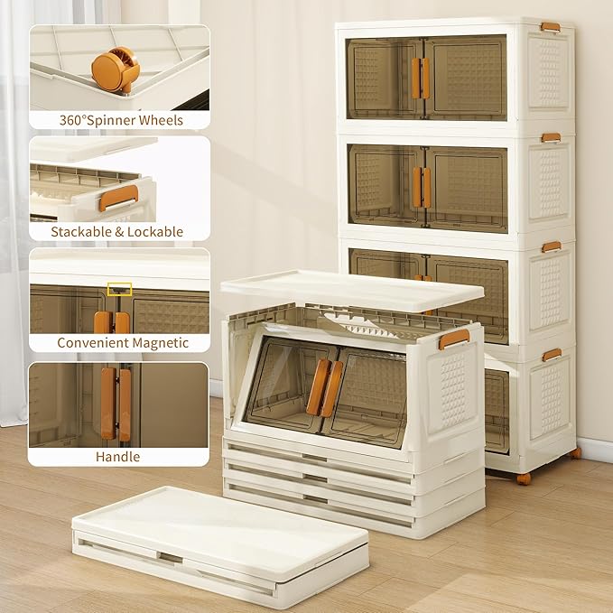 Plastic Stackable Storage Bins with Lids and Wheels, 148.8QT-37.2QT*4Tier Foldable Storage Containers and Collapsible Clear Storage Cabinet with Doors Ivory White