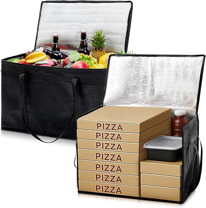 Maxcheck 2 Pcs Insulated Bags for Food Delivery XXXL Large Capacity Hot Grocery Tote Bag Reusable Warming Pizza Catering Carrier for Commercial Travel Lunch Shopping Gifts (Black)