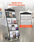 VEVOR Brochure Display Rack, 4-Tier Magazine Literature Display Stand with Wheels, Movable Floor Standing Magazine Rack, Heavy Duty Newspaper Catalog Holders for Shop Exhibitions Office Craft Fairs