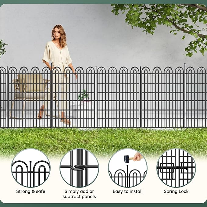 10 Panels Tall Garden Animal Barrier Fence with Gate, 42 in(H) X 24.5 ft(L) No Dig Decorative Garden Fence Outdoor for Yard, Heavy Duty Rustproof Metal Edging Border for Dog, Rabbits