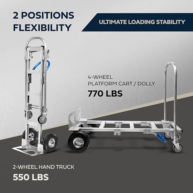 Olympia Tools 2-in-1 Aluminum Convertible Hand Truck - Industrial Heavy Duty Appliance Dolly 4-Wheel Platform Cart - Up to 770 LBS Loading Capacity Mobility Moving Dolly - 2 Positions, 62" Height