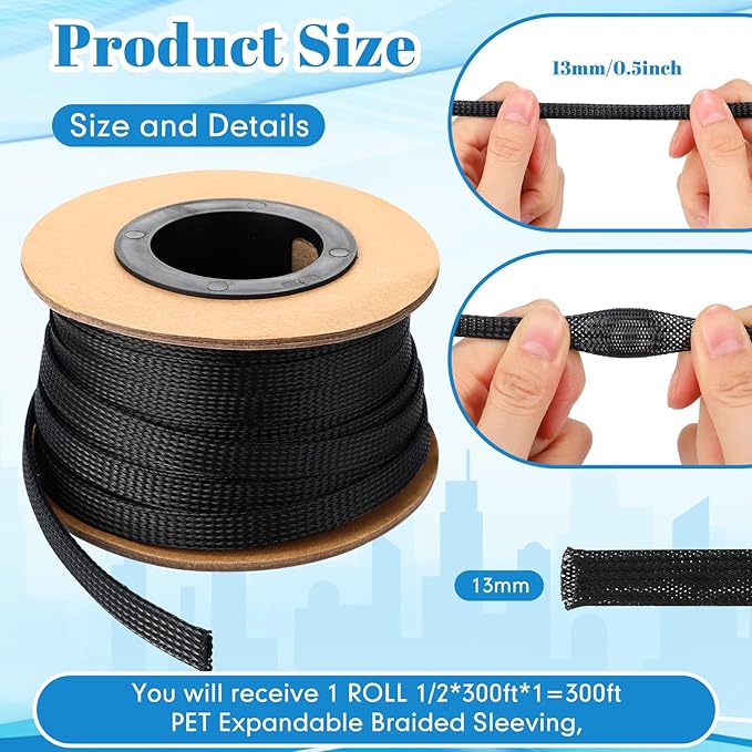 Pangda 300 Feet 1/2 Inch Wire Loom PET Expandable Braided Sleeving Braided Sleeve for TV, Computer, Home Theater (Black)