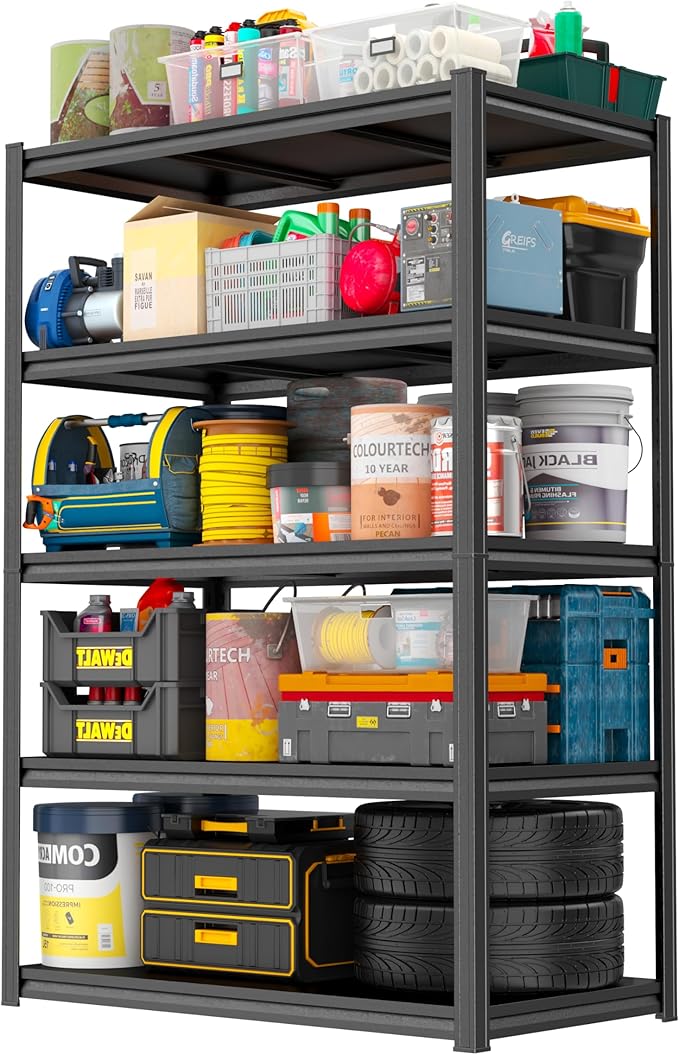 72"H Storage Shelves 5 Tier Garage Shelving Unit 3000LBS Metal Shelving Heavy Duty Adjustable storage rack for Basement, Warehouse, Pantry, Closet, Kitchen 72" H x 39.4" W x 19.7" D, Black
