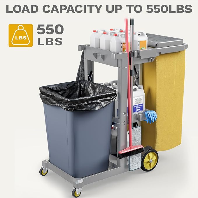 DWVO Janitorial Cart on Wheels, Cleaning Carts, Housekeeping Cart, 3 Shelf Commercial Traditional Plastic Janitor Carts, with 2 Yellow 25 Gallon Vinyl Bag & Rubber Gloves for Restaurant Hotel Home