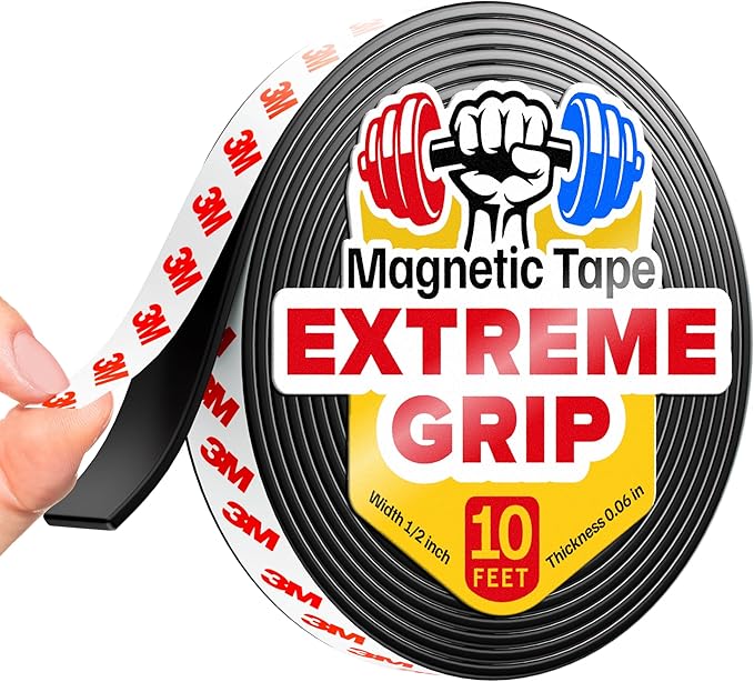 Super Sticky Magnetic Tape (10 feet x 1/2 inch) - Stong Magnet Strip with Adhesive Backing for DIY & Crafts - Easy to Cut and Mount on Fridges, Whiteboards & More