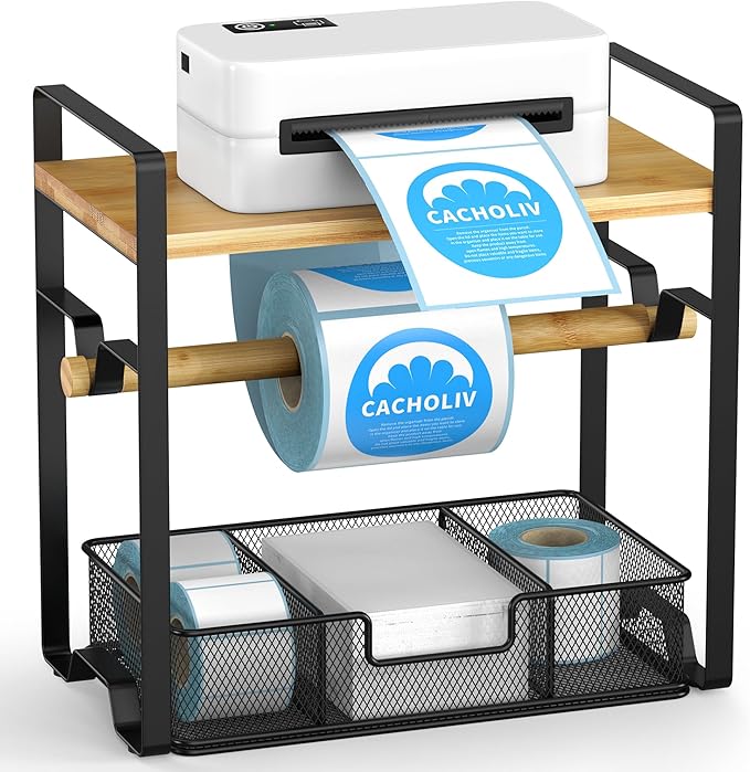 Label Holder for Rolls and Fan-Fold - Bamboo Shipping Label Holder for Desktop Thermal Printer with Space-Saving Accessories - Suitable for Home, Office, Warehouse, Small Business