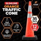Xpose Safety 36 Inch Orange Slim Line Traffic Cones Heavy Duty 12lb with 6" & 4" Collars, 12 Pack Multipurpose PVC Plastic Safety Cone for Parking, Soccer, Caution, Kids & Construction - DOT Approved