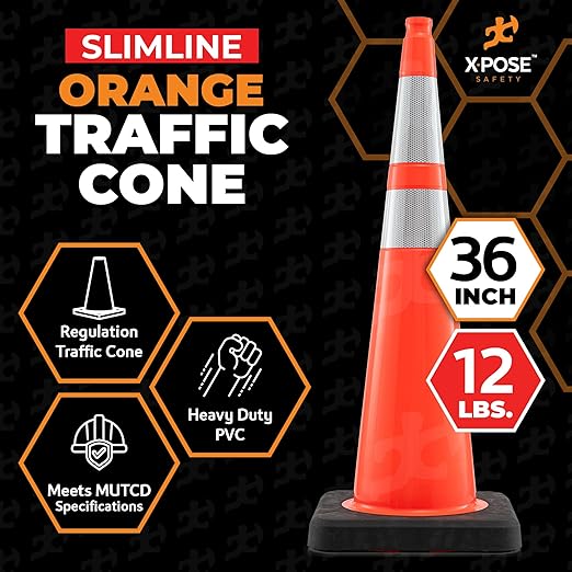 Xpose Safety 36 Inch Orange Slim Line Traffic Cones Heavy Duty 12lb with 6" & 4" Collars, 4 Pack Multipurpose PVC Plastic Safety Cone for Parking, Soccer, Caution, Kids & Construction - DOT Approved