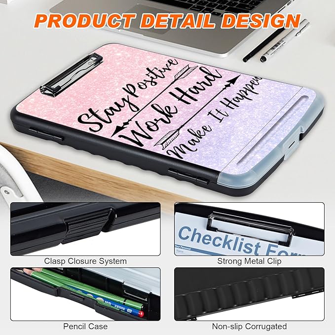 Pink Glitter Clipboard with Storage & Pen Holder - Heavy Duty Contractor Clipboard for Teachers, Nurses & Business People