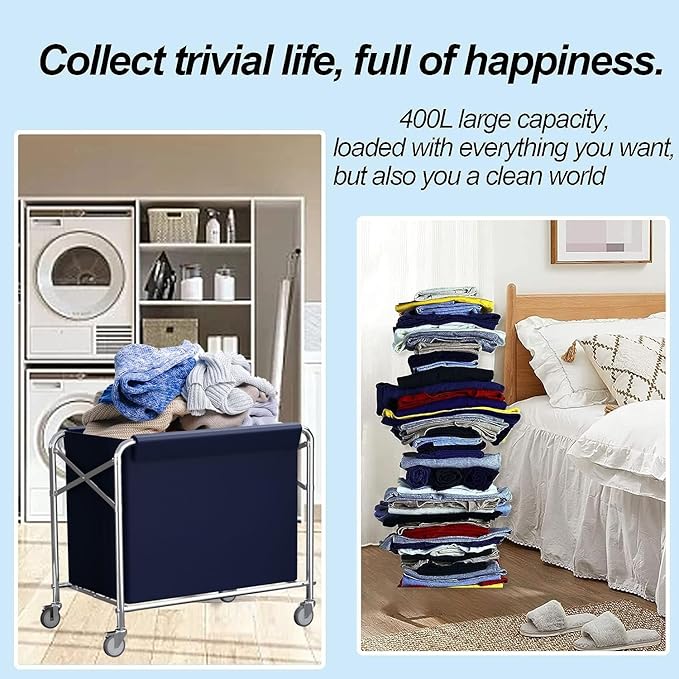 Commercial Laundry Cart 12 Bushel (400L) Collapsible Laundry Baskets with Wheels, Heavy Duty Industrial Rolling Baskets Trucks with Steel Frame and Waterproof Oxford Cloth, for Home Organizer Storage