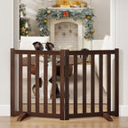 24" Height Tall Freestanding Pet Gate, Solid Wood Folding Safety Fence Wooden Dog Gate with 2 PCs Support Feet Ideal for Stairs, Doorways, Halls, Kitchens, Heavy Duty Gates, 2 Panels, Walnut