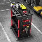 HOMCOM 3 Tier Utility Cart on Wheels, Rolling Tool Storage with Pegboards and Bucket, 200 LBS Load Capacity Plastic Service Cart for Garage, Warehouse, Workshop, Black and Red