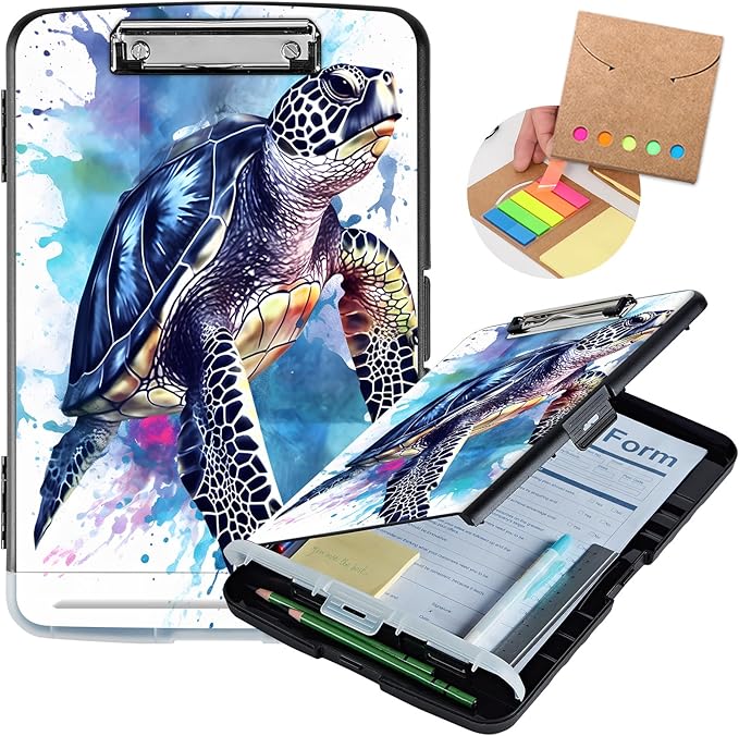 Heavy Duty Plastic Clipboard with Storage & Pen Holder, Low Profile Clip - Blue Turtle