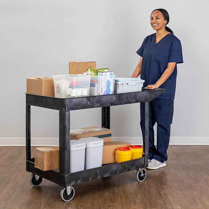 Tubstr Extra Large Two-Shelf Utility Cart with Wheels | 500 lb. Capacity Rolling Utility & Tool Cart for Warehouses, Industrial Settings, Auto Garages, & More (Black, 45.5 x 24.5)