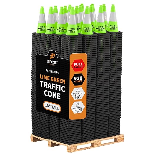Xpose Safety 18" Lime Traffic Cones 6" Reflective Collar - Bulk Full Pallet 928 Pack - Premium PVC Safety Cone for Parking, Caution, Construction, Road Crews, Emergency Vehicle - DOT Approved