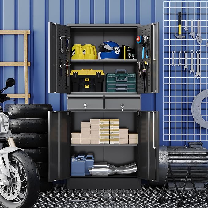 71" H Metal Garage Storage Cabinet with Pedboard and Adjustable Shelves,Metal Tool Storage Cabinet with 2 Drawers for Garage, Warehouse,Utility Room,Assembly Required,Black