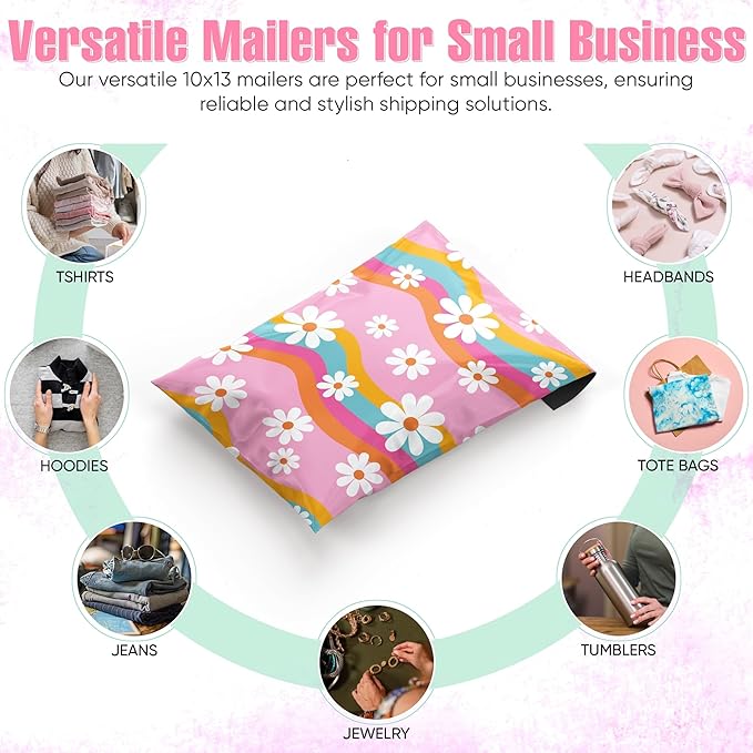 10x13 Poly Mailers – Groovy Daisy – Waterproof, Tear-Resistant Shipping Bags with Adhesive Seal – 100 Pack – Package Mint