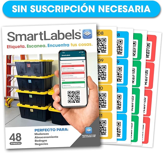SmartLabels – Etiquetas QR en Español | Paquete de 48 | Etiquetas QR Multicolor | Calcomanías con App para Inventario Fácil, Organización de Bodegas o Etiquetas de Mudanza
