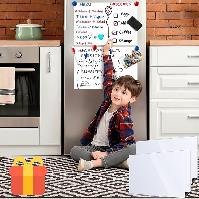 Magnetic Whiteboard for Fridge, 2 Pack 12x16 Inch Dry Erase Board for Refrigerator, Kitchen Organizer & Planner with 3 Markers, Eraser & 4 Magnets