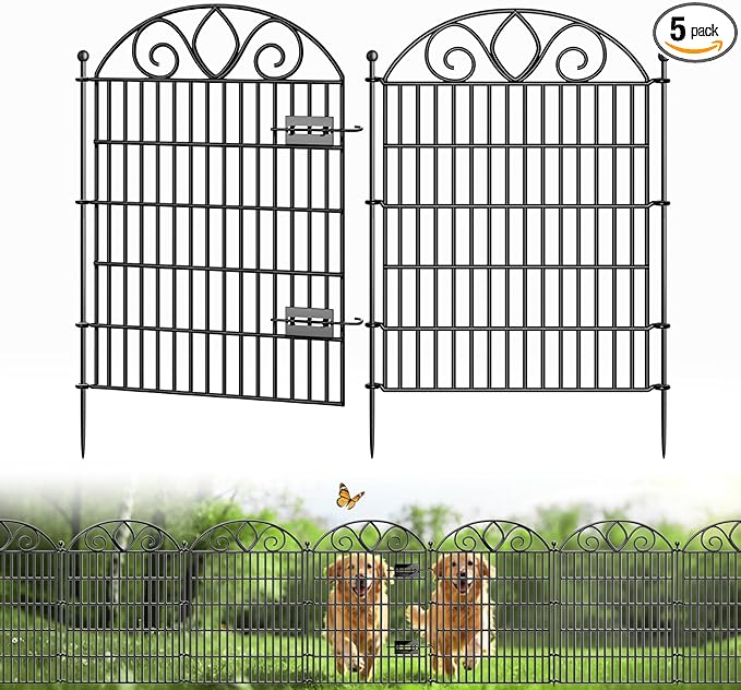 5 Panels No Dig Tall Garden Fence with Gate – 34" H X 11' L Rustproof Metal Dog Fence Outdoor for Yard, Decorative Animal Barrier Fence for Pet, Garden Border, Patio, Flower | Temporary Fencing