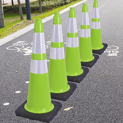 6 Pack 28" Inch Large PVC Traffic Cones with Heavy-Duty Black Base, High-Visibility All-Weather Safety Cones for Road Construction, Parking Lot, Garage Use (6, Green, 28" Large)