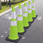 Fluorescent Green PVC Traffic Cones, Heavy Black Base Parking Lot Cone Structurally Stable Weatherproof Road Construction Safety Cones (8, Green, 28" Large)