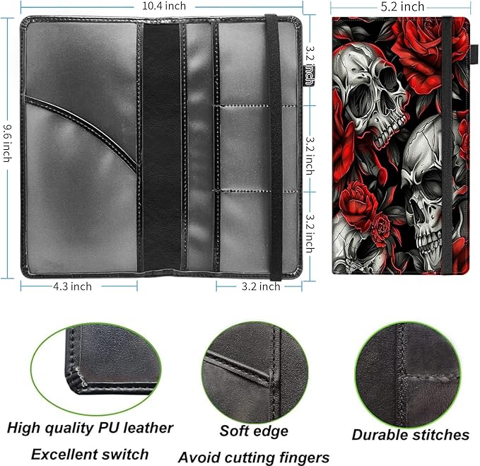 Car Registration and Insurance Holder,Leather Vehicle Glove Box Organizer Wallet for Document,Perfect for any Car,Truck,Motorcycle,Driver License,Trailer or Boat,Men & Women,Skull Red Rose