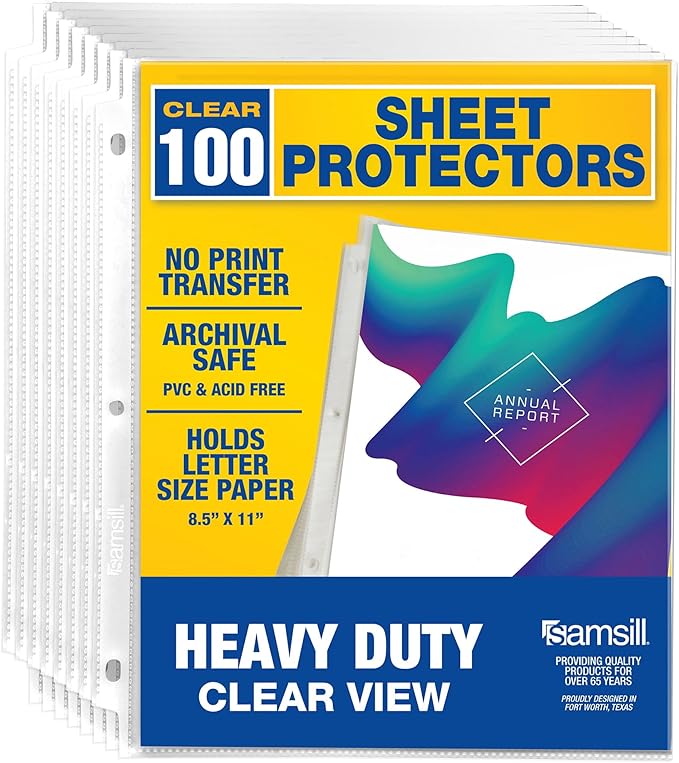 Samsill Heavy Duty Sheet Protectors for 3 Ring Binders, 8.5 x 11 Clear Page Protectors, Plastic Sleeves & Report Covers, Acid Free Archival Safe Document Protectors