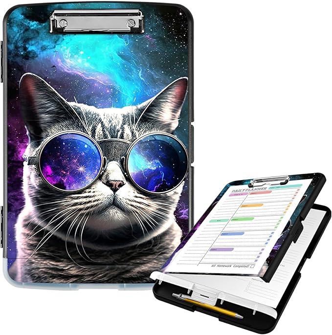 Clipboard with Storage High Capacity Plastic Nursing Clipboards with Pen Holder File Folder Storage Box Clipboard with Heavy Duty Clips for Teacher,Doctor,Offices-Galaxy Hipster Cat